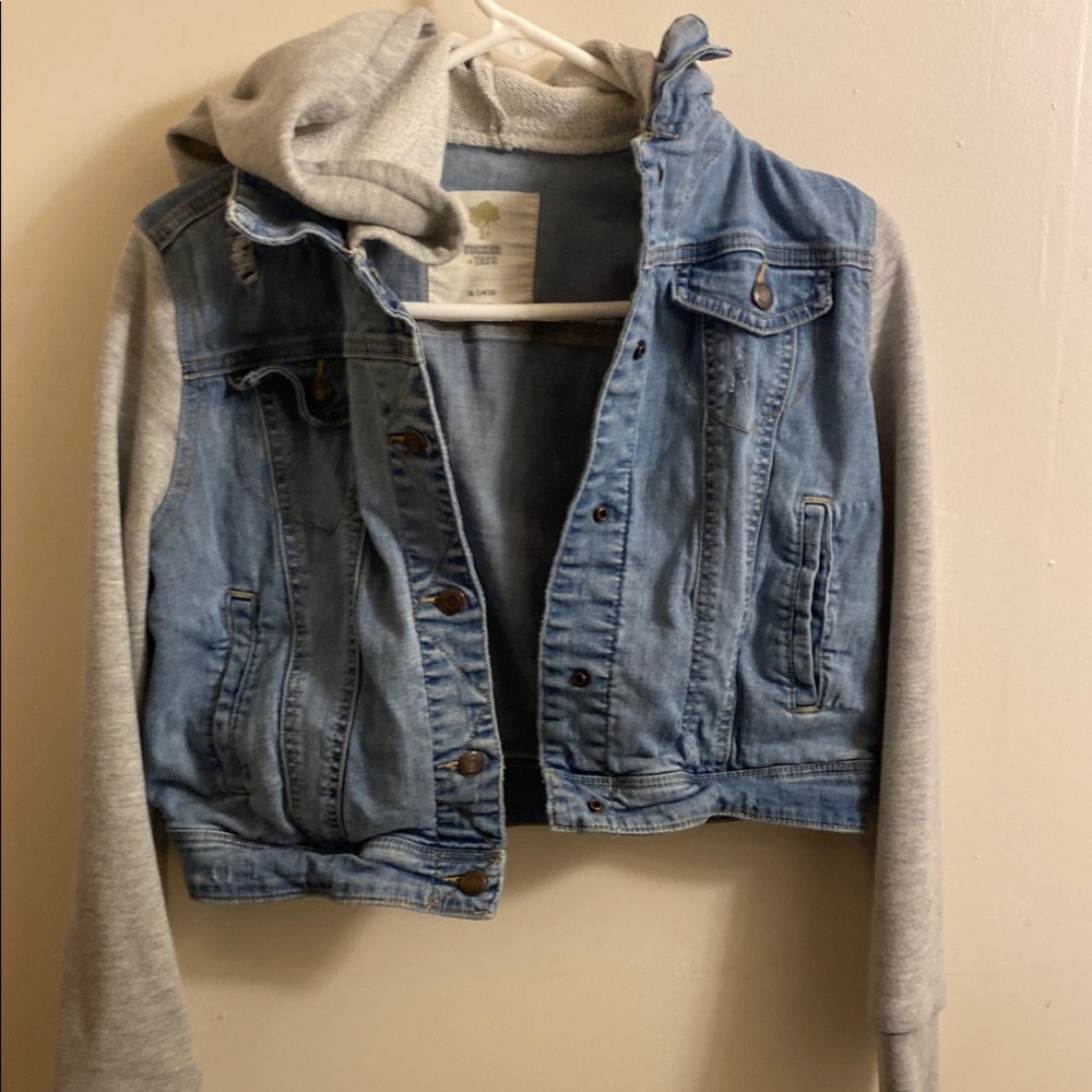 Denim and Gray Hooded Jacket jean jacket, hoodie, size 14 girls